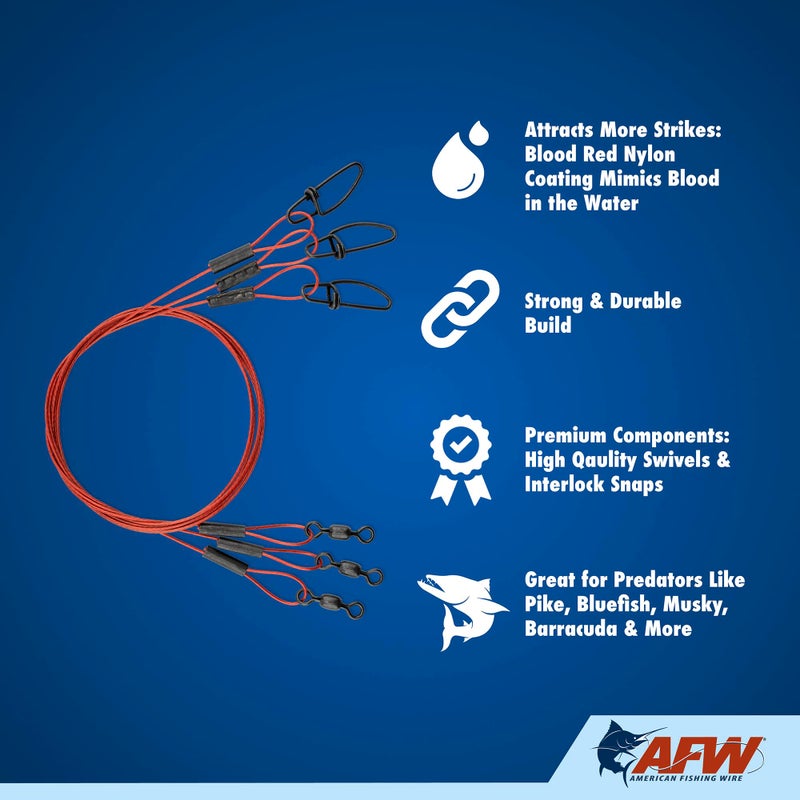 AFW Bleeding Leaders, Nylon Coated 1x7 Stainless Steel Wire, 20 lb Test, Red, 18 inch, 3 pc - Image 4